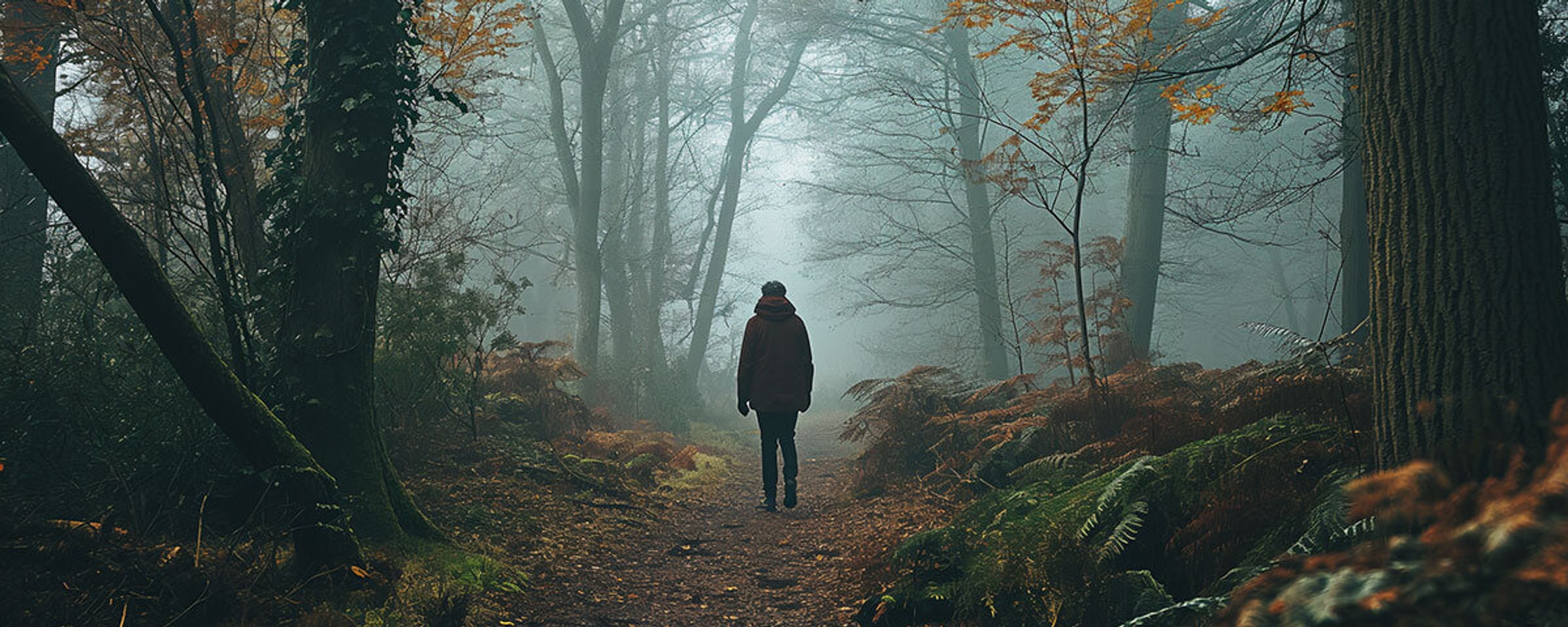 A person walking along a misty woodland path.