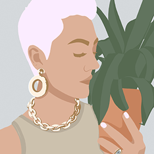 Illustrated portrait of Viktoria Loginova beside green leaves.
