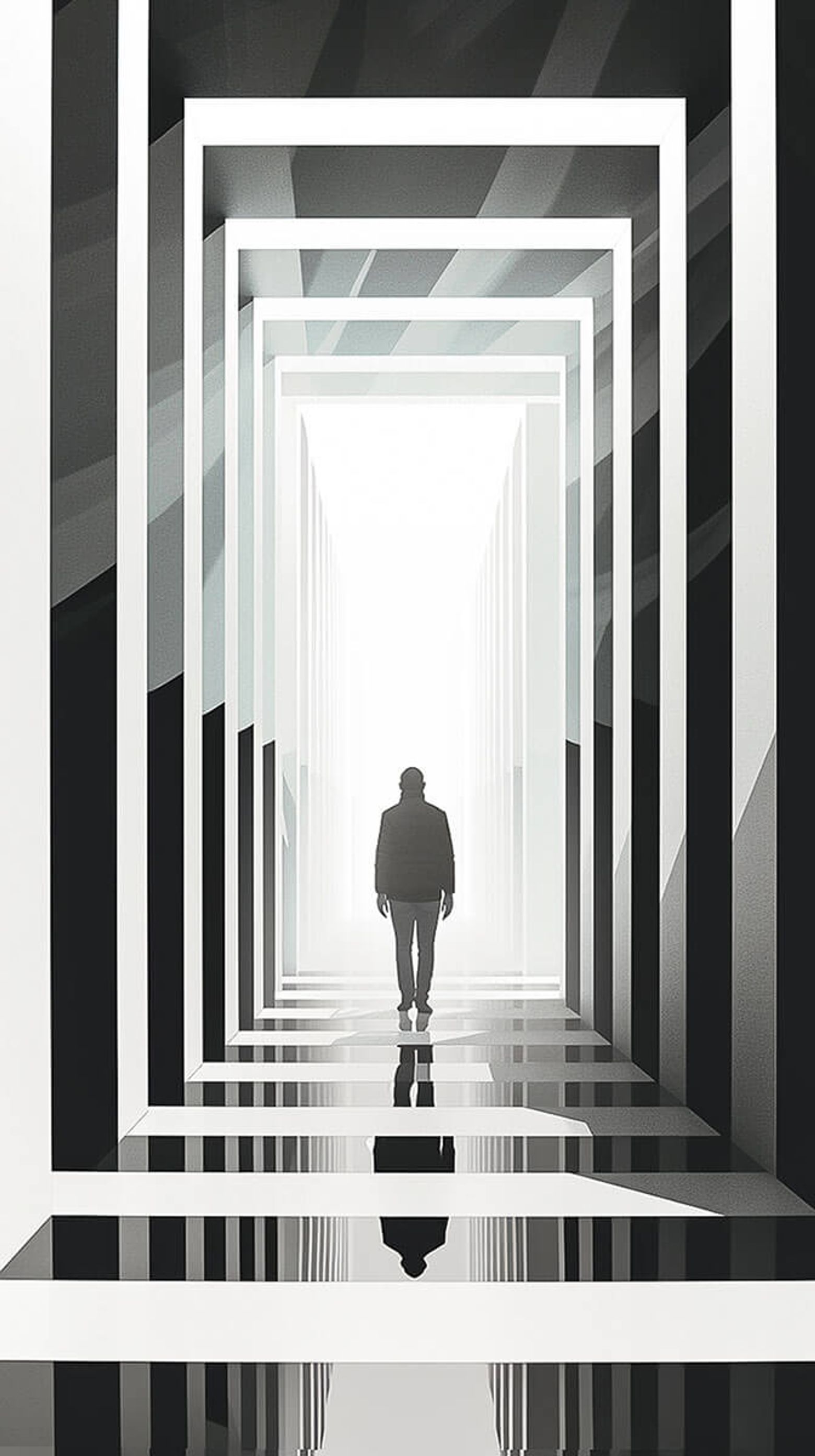 A person walking towards a bright doorway through a series of geometric frames.