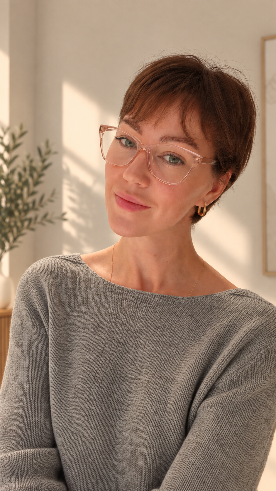 Viktoria Loginova wearing glasses and a grey knit top in warm natural light.